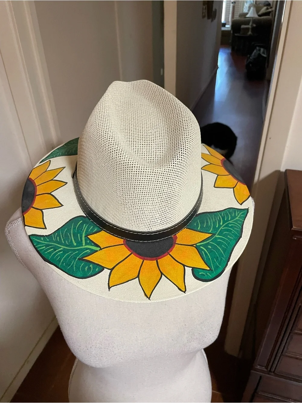 MX Mexico cream woven straw fedora hat black band hand painted sunflowers MEDIUM